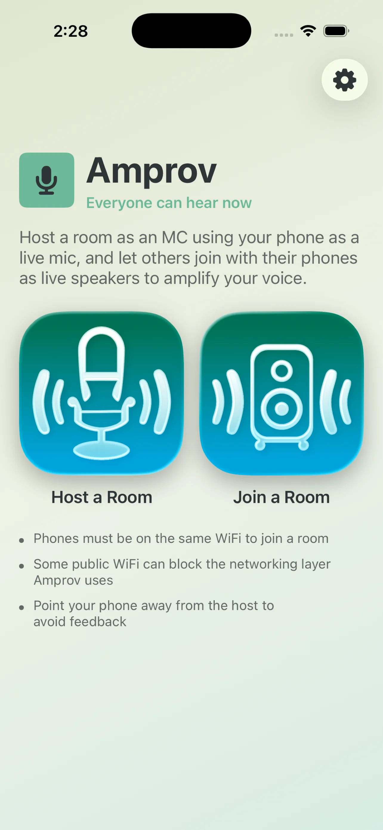 Amprov home screen with Start Hosting and Join Room buttons